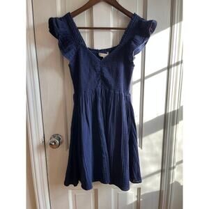 LoveShackFancy Navy Blue 100% Cotton Smocked Ruffle Sleeve Mini Dress  Small EUC